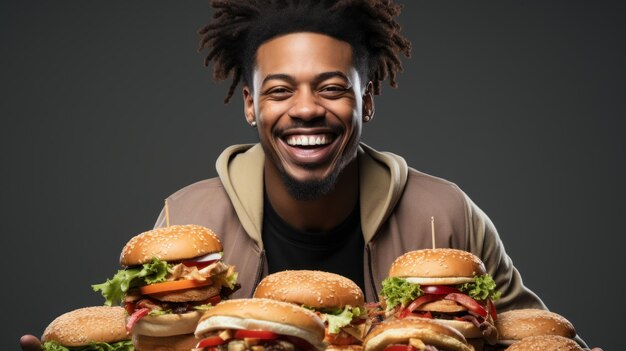 ハンバーガーを握りグレイに隔離されたカメラを見ている笑顔のアフリカ系アメリカ人男性