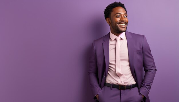 smiling African American man in purple suit on violet background