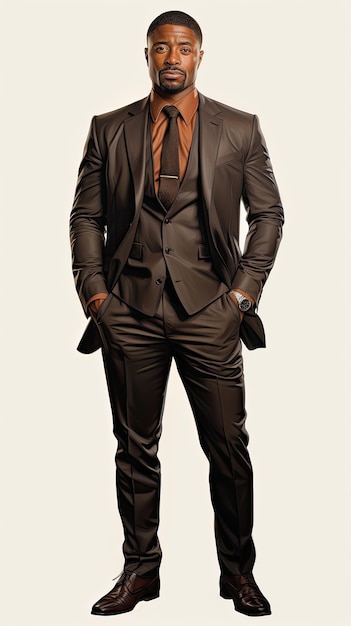 Smiling African American man wearing black high fashion suit with shoes standing on white background