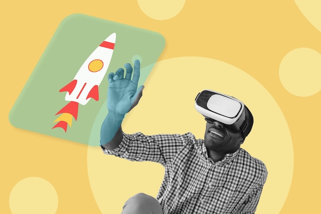 Photo smiling african american man wearing vr glasses and touching by the rocket vr headset technology vr glasses computer gaming concept art collage