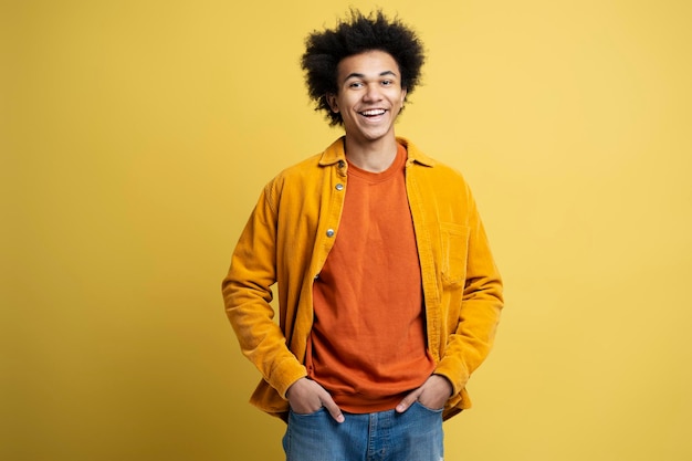 Smiling African American man with wearing stylish casual outfit isolated on yellow background