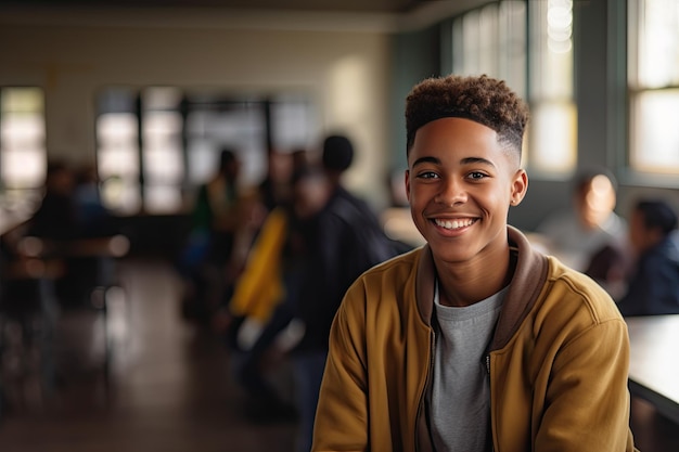 Foto studente afroamericano sorridente in classe al liceo