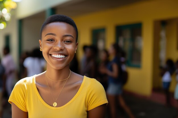 Foto studente afroamericano sorridente vestito con una maglietta gialla sul parco giochi della scuola superiore