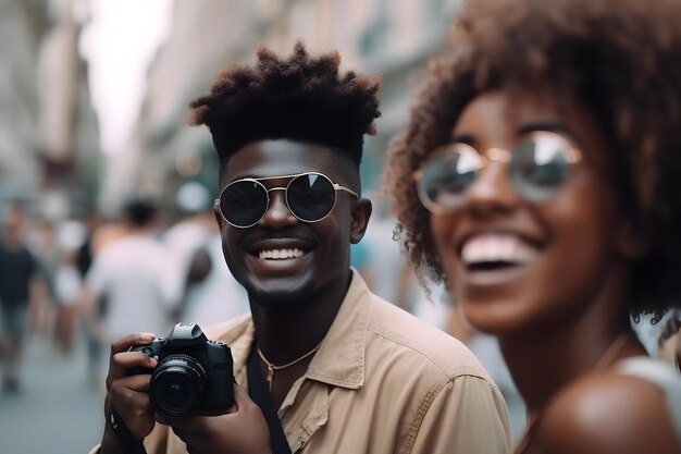 Улыбающиеся афроамериканские туристы близкие групповые портреты нейронная сеть сгенерирована