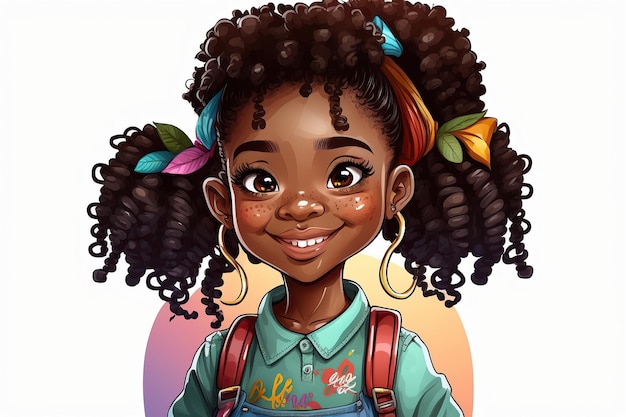 smiling African American with school backpack , digital illustration, stickers,isolated