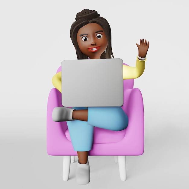 Smiling African American woman 3d character working on laptop sitting armchair having video conference talking web call