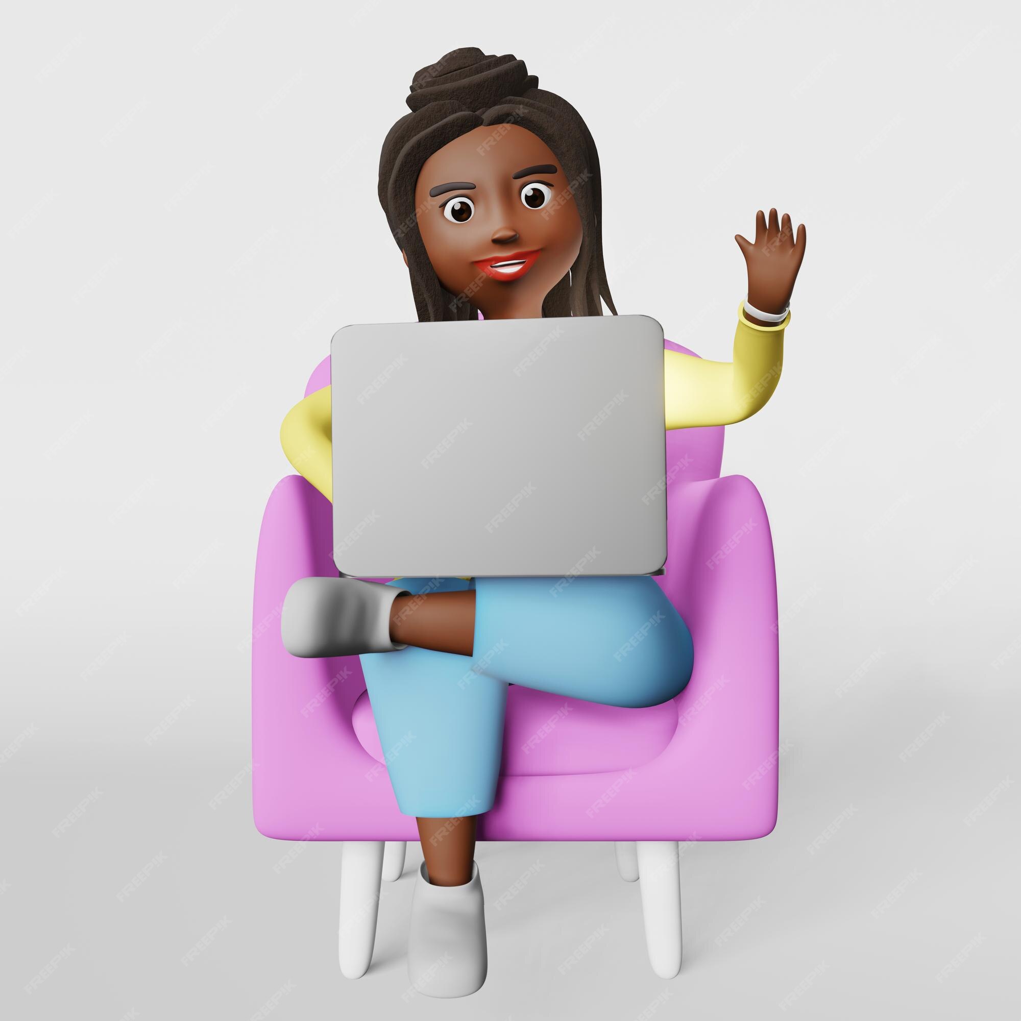 African girl friends chat online. Girl sitting in a chair in front of a  laptop and speaks with friend. Video conference, online chat concept.  Working or online meeting from home. Vector illustration.