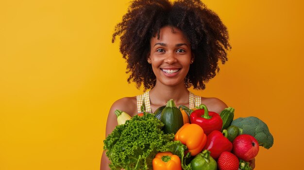 Foto donna afroamericana sorridente che tiene in mano una scatola di verdure in un mercato agricolo