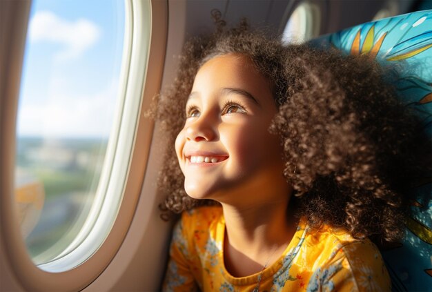 smiling african american woman looking away in airplane