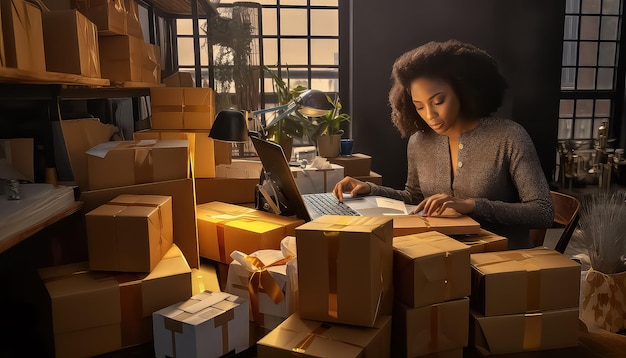 Smiling african american woman in new home with cardboard boxes