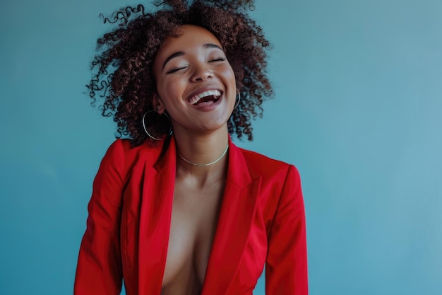 Smiling African American woman sending message on blue background