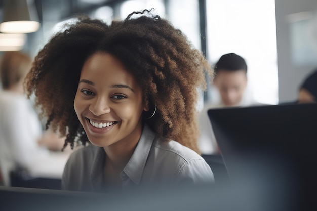 Smiling african american woman working on laptop while sitting in office generative ai