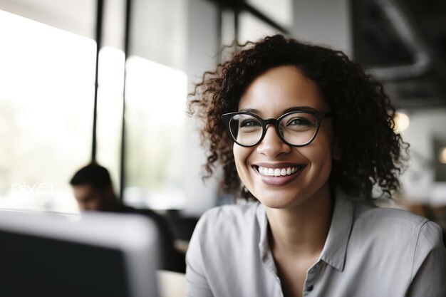 Smiling african american woman working on laptop while sitting in office generative ai