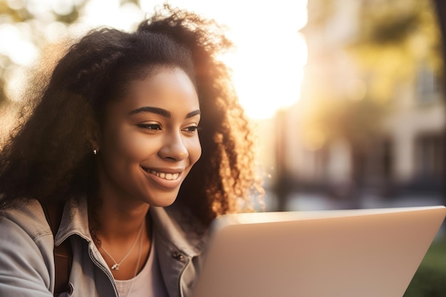 Smiling african american woman working remotely on laptop while sitting outdoor generative ai