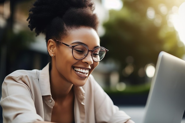 Smiling african american woman working remotely on laptop while sitting outdoor generative ai