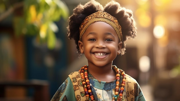 웃고 있는 아프리카 어린이 가 야외 에서 즐겁게 서 있다