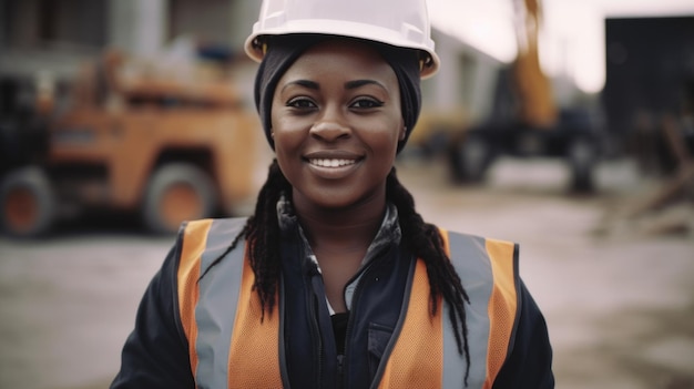 A smiling African female construction worker standing in construction site