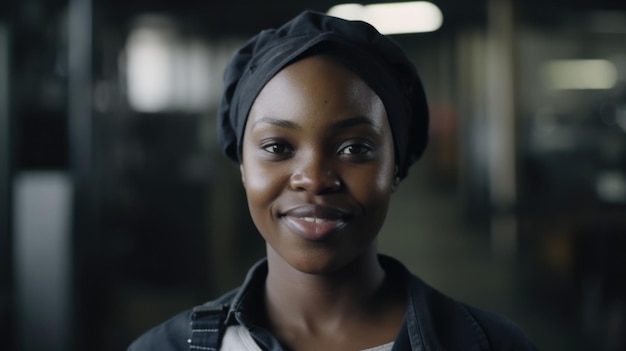 A smiling African female factory worker standing in metal sheet factory