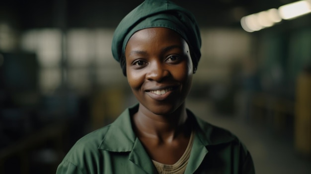 A smiling African female factory worker standing in metal sheet factory