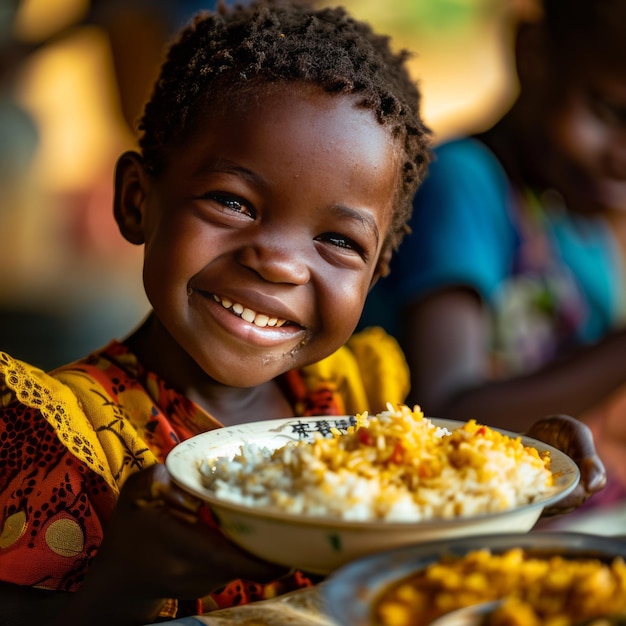 Photo smiling african kid enjoying rice with chicken