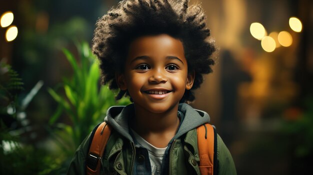 Smiling African kid looking into camera Young black boy with backpack Smiling African boy