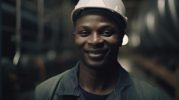 A smiling African male factory worker standing in oil refinery plant