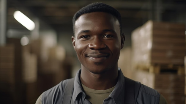 A smiling African male factory worker standing in warehouse