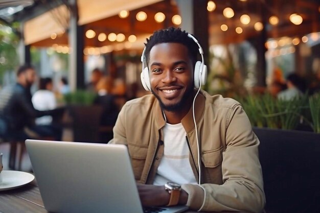 Smiling african man student wear headphone study online with skype teacher happy young man learn