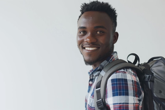 Photo smiling african man with backpack ready for hiking or school