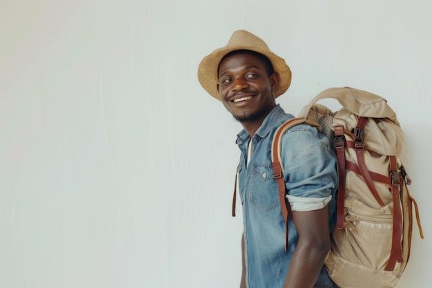 Smiling African man with backpack ready for hiking or school