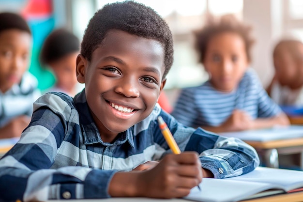 Smiling african schoolboy sitting at desk in classroom writing in notebook