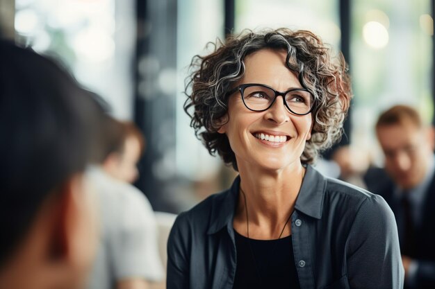 Smiling aged businesswoman in glasses looking at colleague at team meeting happy attentive female team leader listening to new project idea coach mentor teacher excited by interesting discussion