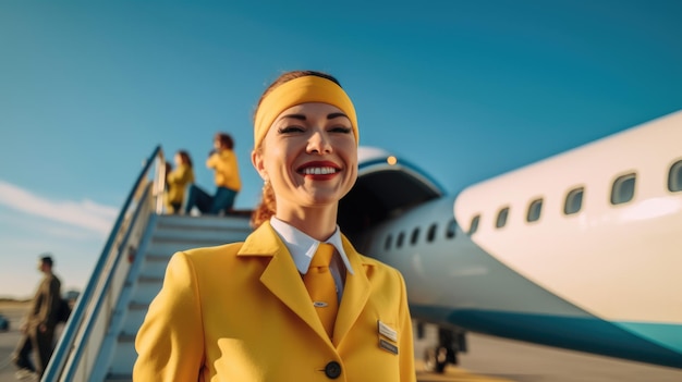 Smiling air hostess in yellow suit standing in front of airplane entrance under blue sky generative ai aig21