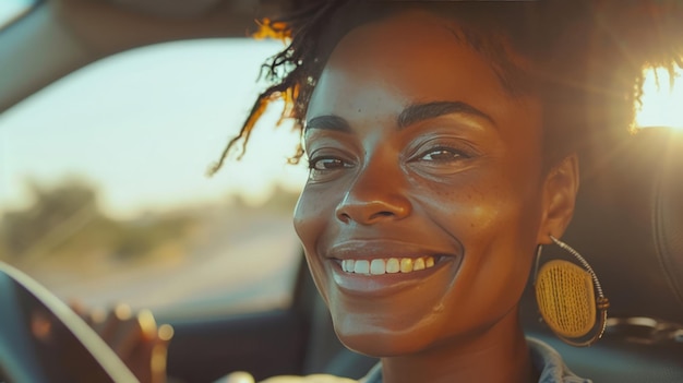 車を運転する笑顔のアメリカ人アフリカ人女性