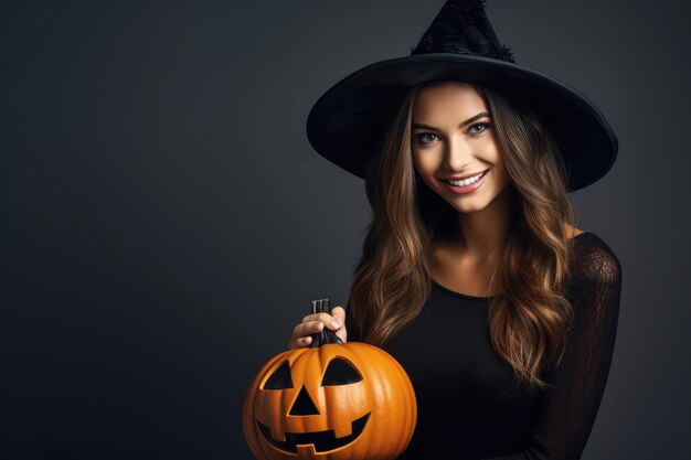 Smiling american woman in witch hat holding pumpkin on dark background