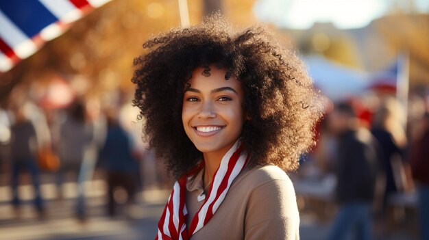 Smiling American Woman with Curly Hair and Flag Background Attractive woman smiling with pride American flag in the background