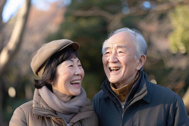 사진 미소 짓고 행복 한 일본 노인 부부는 도시 공원에서 여가 산책을 즐기고 행복과 따뜻함을 방출합니다.