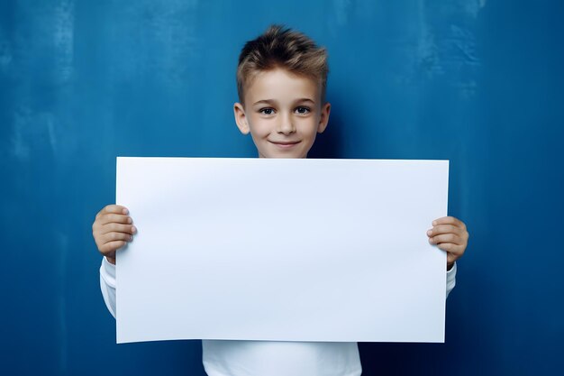 Smiling Arab Boy Holding a Blank Sign in Front of a Vibrant Blue Wall Generative AI