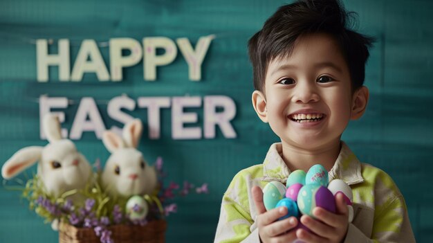 Photo smiling asian boy holds an easter egg