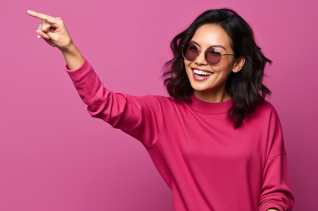 Smiling asian brunette woman in sunglasses pointing fingers sideways left and right showing variants