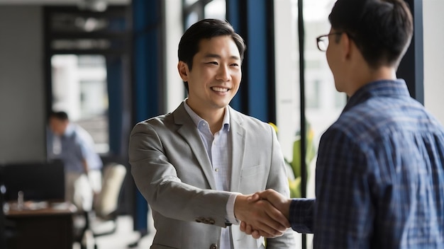 Photo smiling asian business man greeting male partner