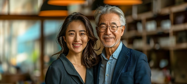 Smiling Asian businesswoman and senior businessman in office setting