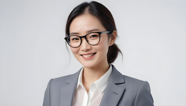 Smiling Asian businesswoman trying new glasses wearing eyewear standing in suit over white backgroun