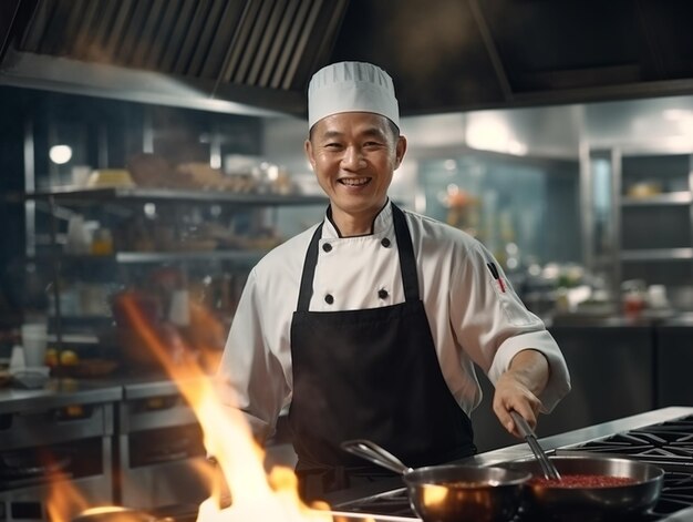 Smiling asian chef in his kitchen look at camera and smile