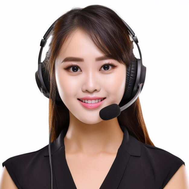 Smiling asian customer support phone operator with headset on white background