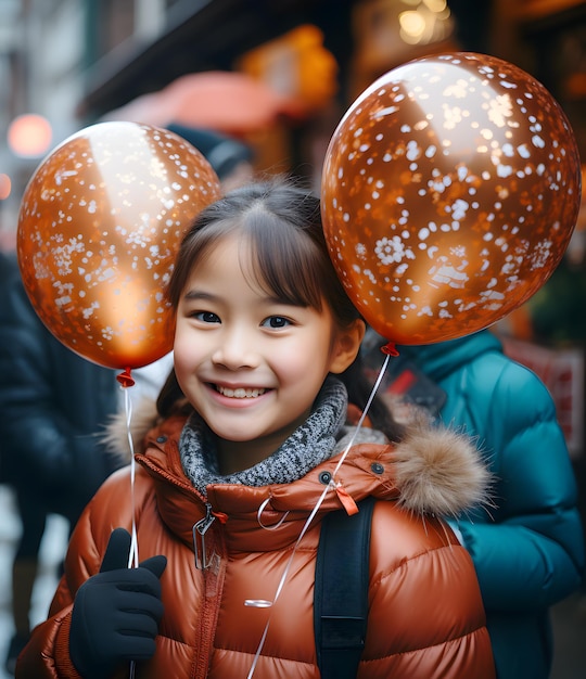 Smiling Asian cute girl child in overcoat is happy and funny with colorful balloons