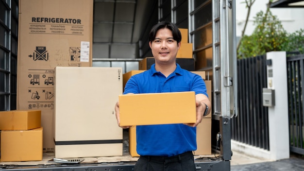 A smiling Asian delivery guy standing at the back of his truck carrying a package for delivery