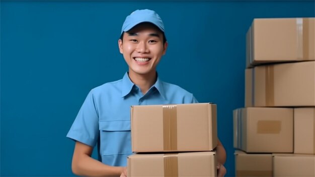 Smiling asian delivery man in blue uniform standing in warehouse