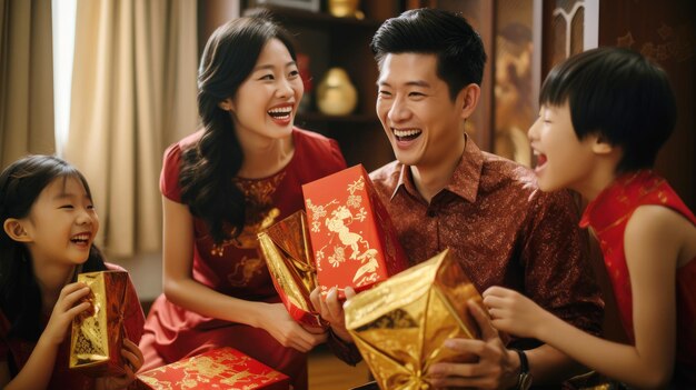 Улыбающаяся азиатская семья собирается на празднование Лунного Нового года радость и смех Красные конверты подарки фонари создают теплую атмосферу Традиционная китайская культура в современной концепции Счастливого праздника