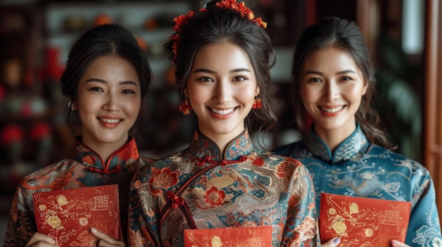 Photo smiling asian family members dressed in traditional ao dai dresses holding red envelopes